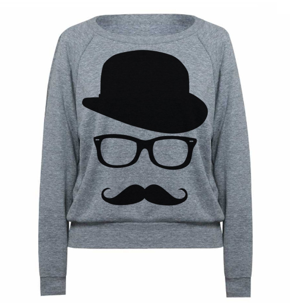 Womens MUSTACHE Sweatshirt Hat Wayfarer Tri-Blend Raglan Pullover Sweater  - American Apparel - S M and L (8 Color Options)