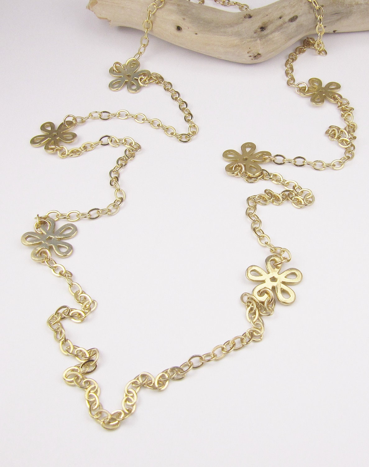 Long Gold Necklace, Long Layering Chain, Gold Necklace, Gold Flower Necklace, Unique Necklace, Layering Jewelry, Long Chain