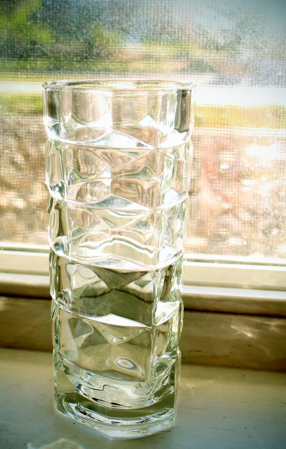 Vintage French Art Deco Vase, clear geometric glass