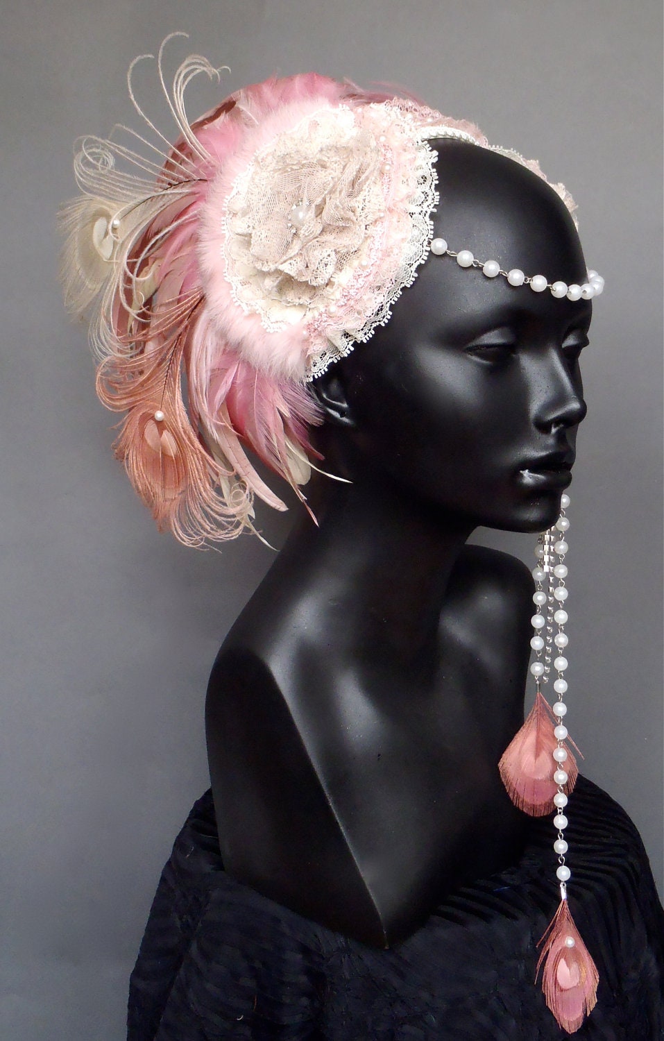 MADE TO ORDER Marie Antoinette Pink & Ivory Peacock Feather Headpiece