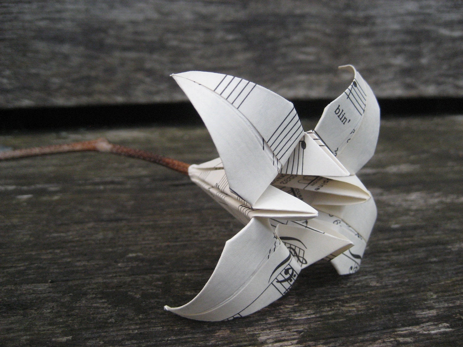 Valentine bouquet -Paper wedding anniversary gift-origami lily bouquet on natural sticks- music note- 10 stems