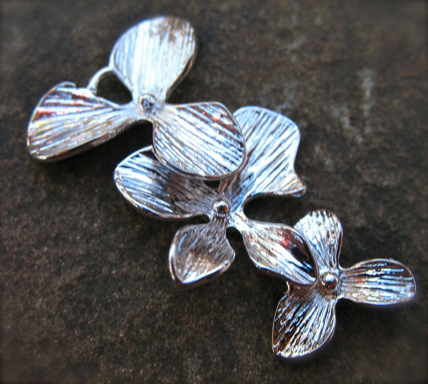 Orchid Charms, Silver Plated Over Solid Copper  Two Sets of Three