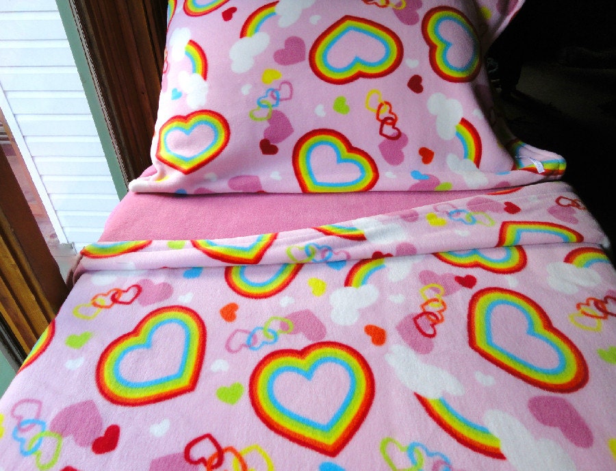 Toddler Bedding Girls Fleece Bed Set  'Pink Rainbows' Handmade Sheets Fits Crib and Toddler Beds