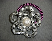 Silver Plarn Flower Ponytail Holder with Vintage Button