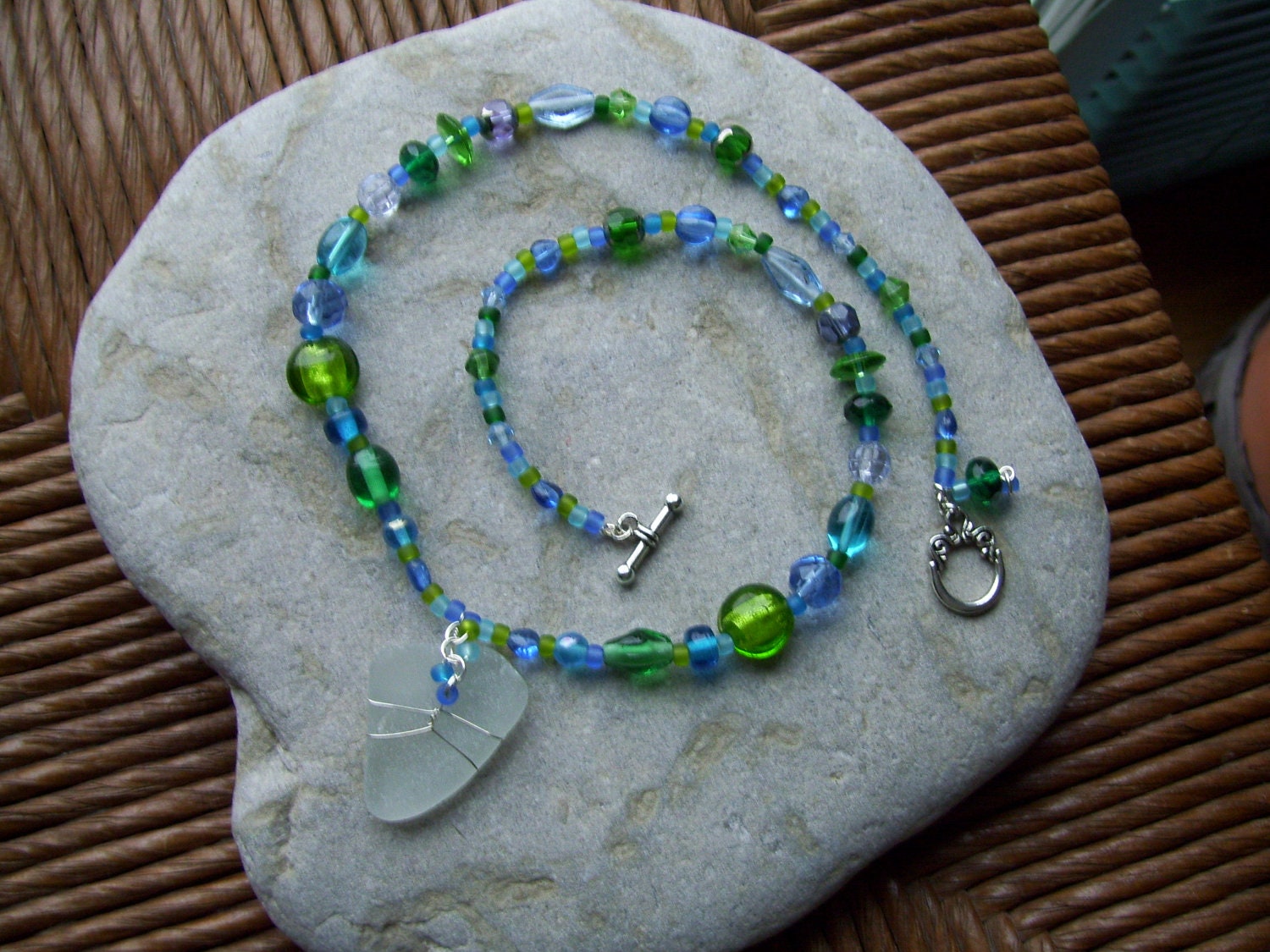 Beach Glass Necklace with Aqua and Green Glass Beads - Lake Michigan beach glass
