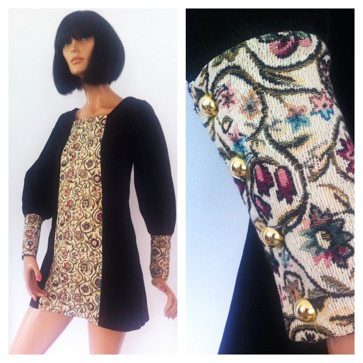 Orig 60s VELVET and TAPESTRY mini dress // long buttoned cuffs // California label