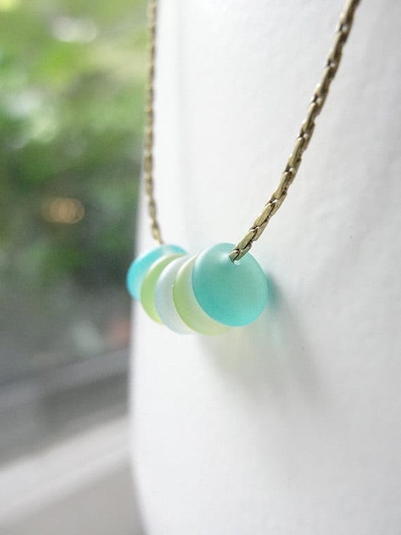 Aqua blue, lime green and soft white sea glass pebble necklace - white aqua lime necklace beach glass