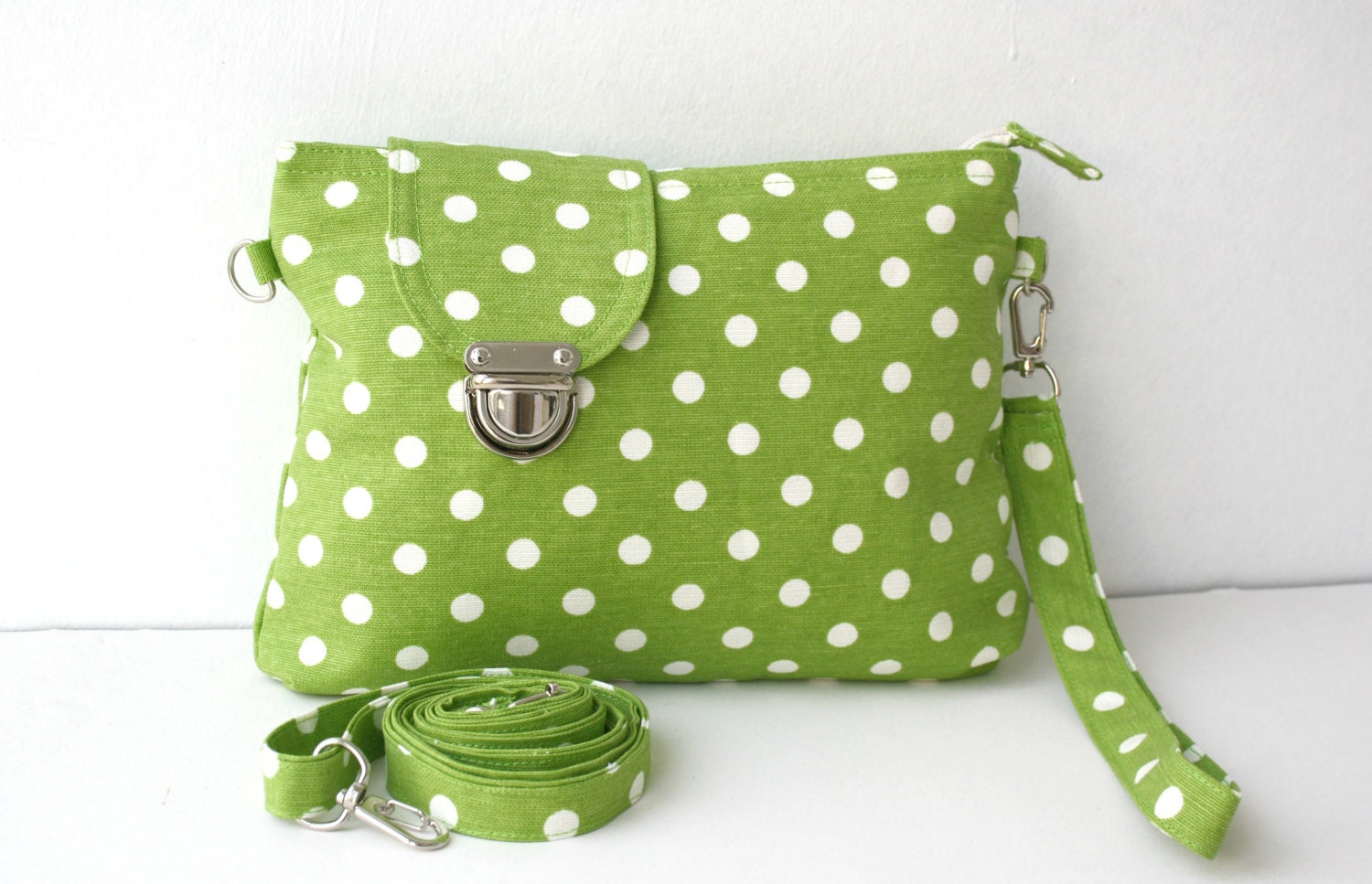 Apple Green and White Polka Dot  Midi Messenger  Bag  Wirstlet and  shoulder Adjustable strap Zipper Closure