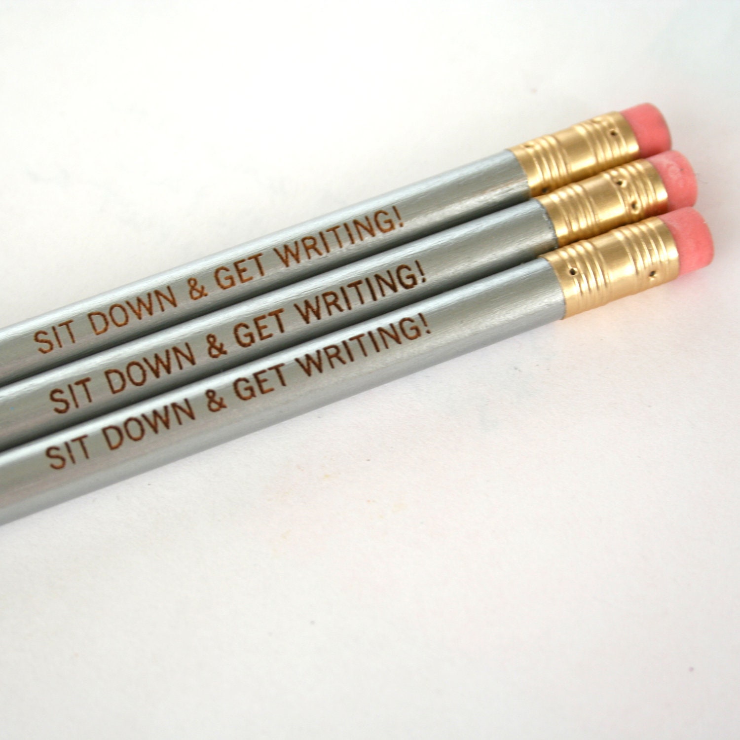 sit down and get writing 3 pencils in silver. because your thoughts cannot write themselves. halloween treats that won't rot teeth.