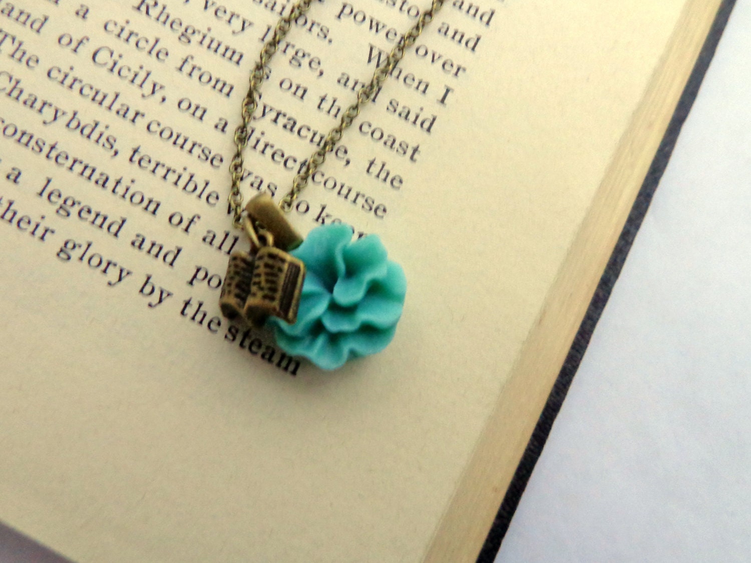 SALE.  Read. Brass Book and Aqua Ruffle Flower Necklace.