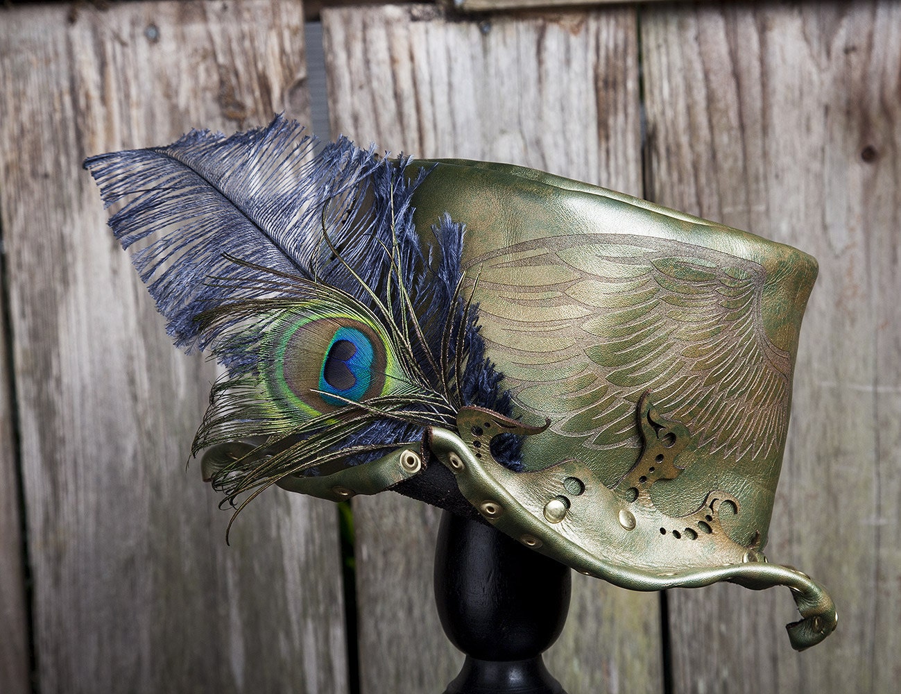Quirky Feathery Leathery Elven Diamond Shaped Leather Top Hat, Size XS/S, Green & Gold, Wings, Filigree, Peacock, Handmade, Steampunk, OOAK