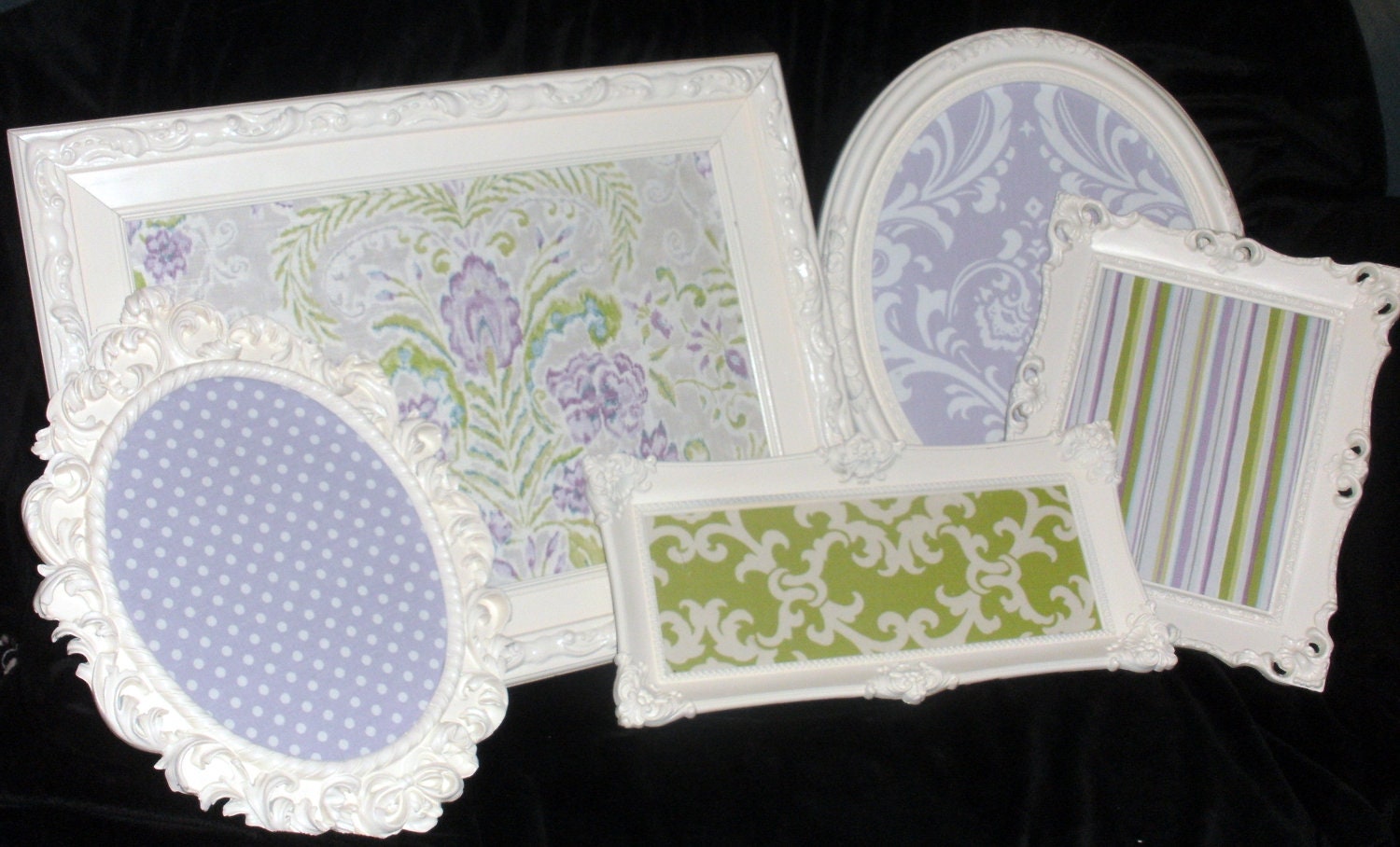 Vintage  Framed  Magnet Boards-  Set of Five- Nursery,  Shabby Chic- playroom- bedroom- Shades of Lilac, Green, Cream with touches of Aqua..