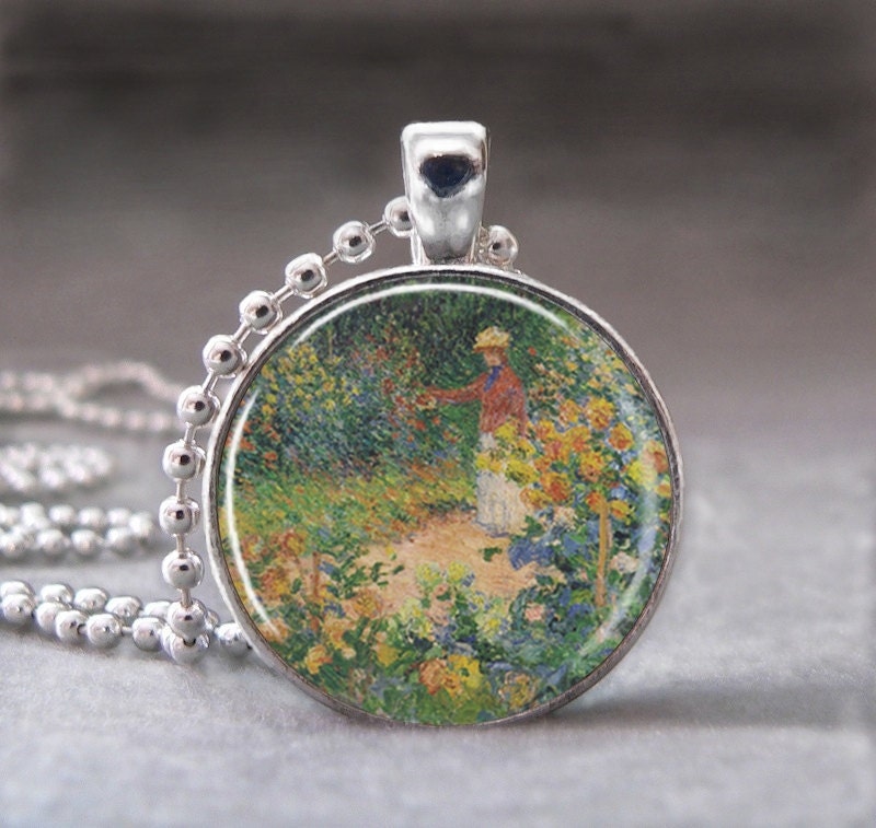 Claude Monet, Woman in Garden Painting, Altered Art Glass Dome Photo Pendant Necklace - no. 041-2