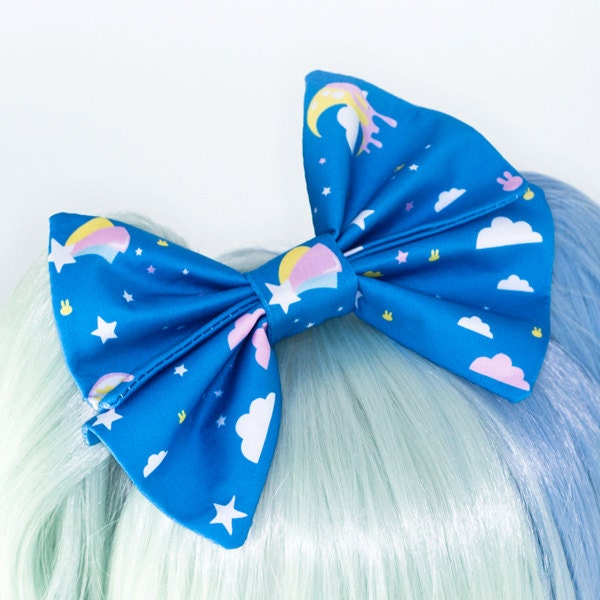 Fairy Kei Dream Sky Shooting Star Eyeball Big Hair Bow Headband Blue