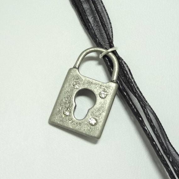 Gothic Lolita Necklace with Czech Crystals, Zombie Girl, Fleur de Lis and Lock Charms - On A Quadruple Strand Black Ribbon