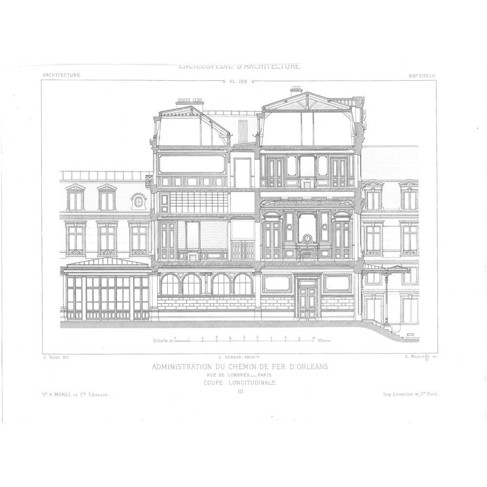1873 French Architecture Drawing Chemin de Fer d'Orleans  Section