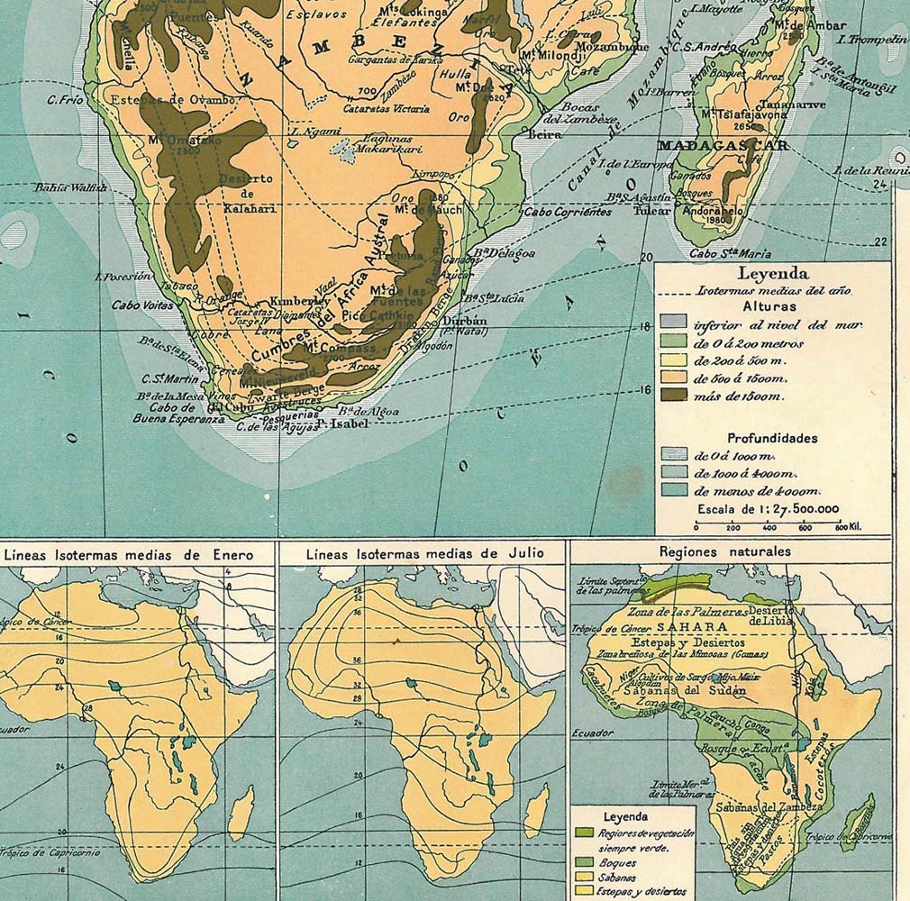 Physical Map Africa 1910s 100 Years Old Lithograph