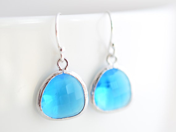 Simple Capri Blue silver earrings. - Everyday, Gift.