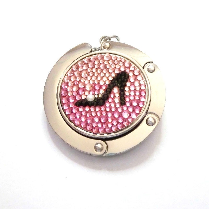 High Heel Shoe foldable bag hanger, purse hook, bag holder made with Swarovski flatback crystals - Pink