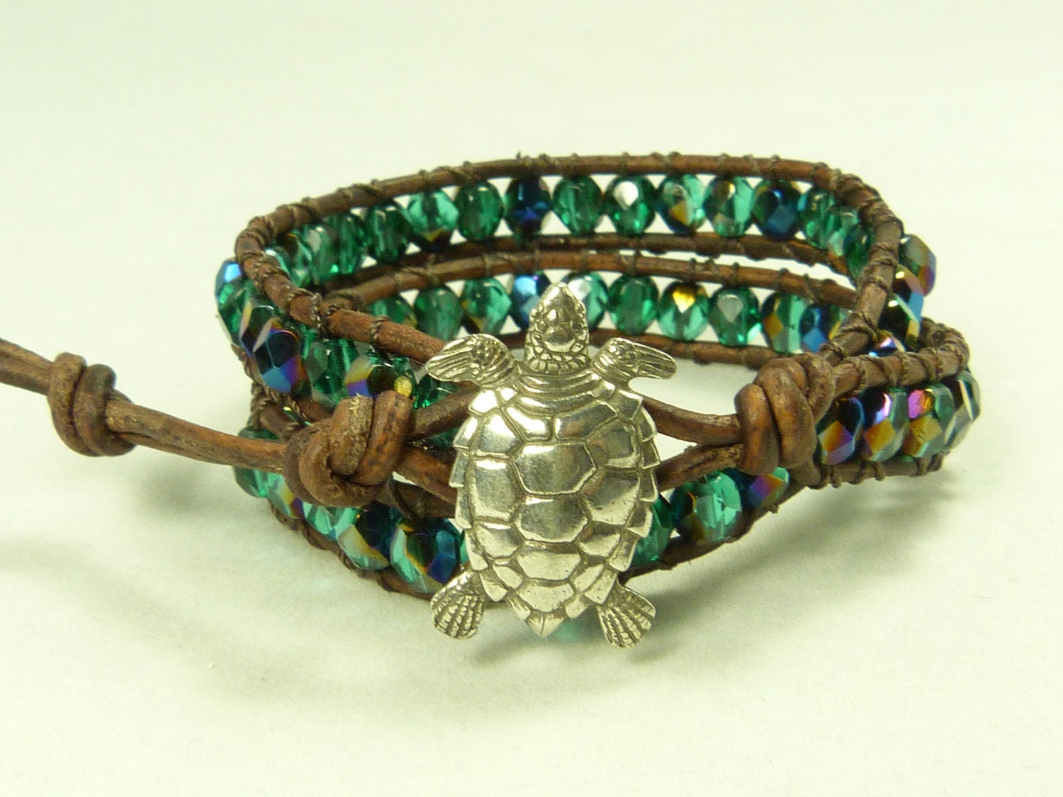 Leather wrap bracelet beaded in gorgeous Teal, Aqua, with Turtle closure, double wrap, wear alone or with others.