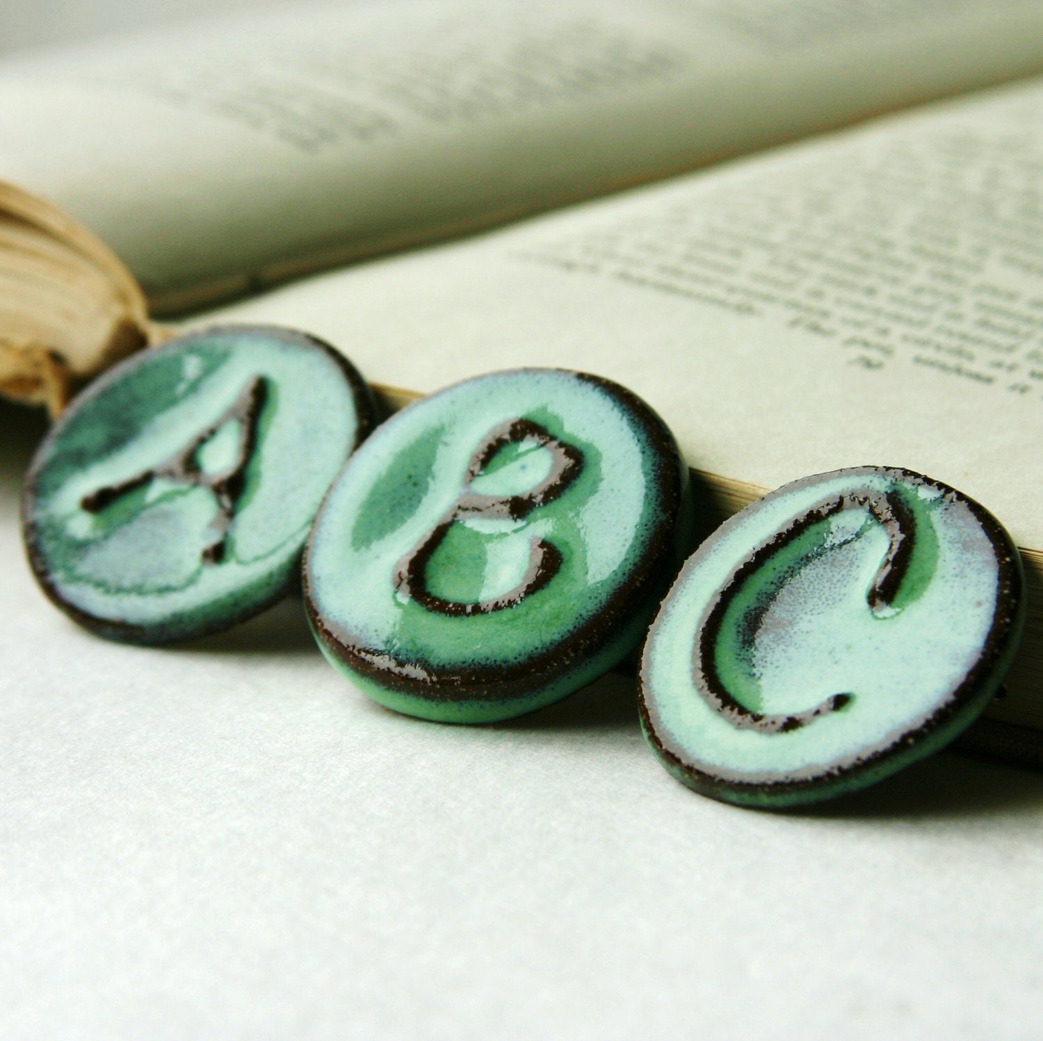 Personalized Initial Ceramic Brooch Pin - Custom Monogram Button - OOAK Verdigris Aqua Mist