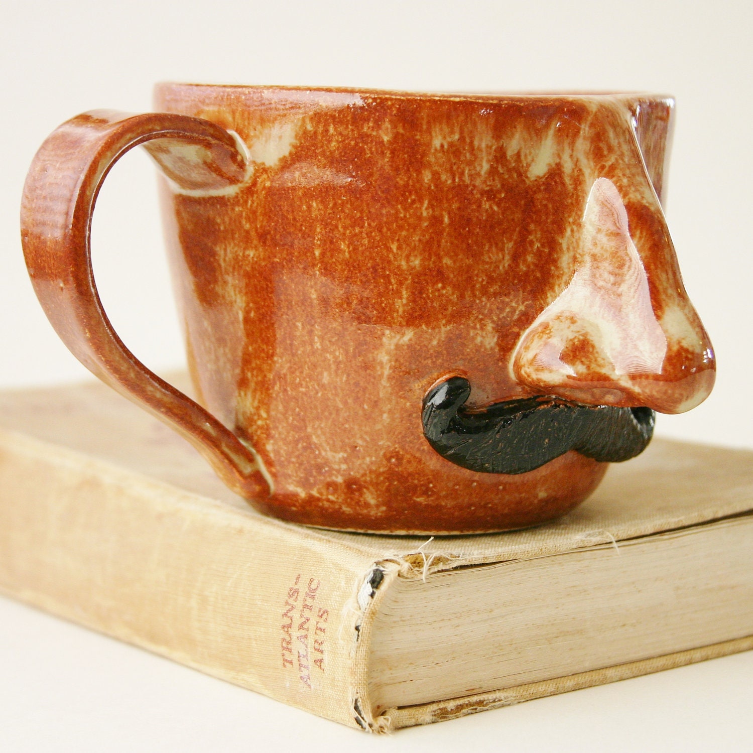 Nose and Mustache - Stoneware Coffee Cup - Rustic Sienna Brown OOAK - Gift for Dad