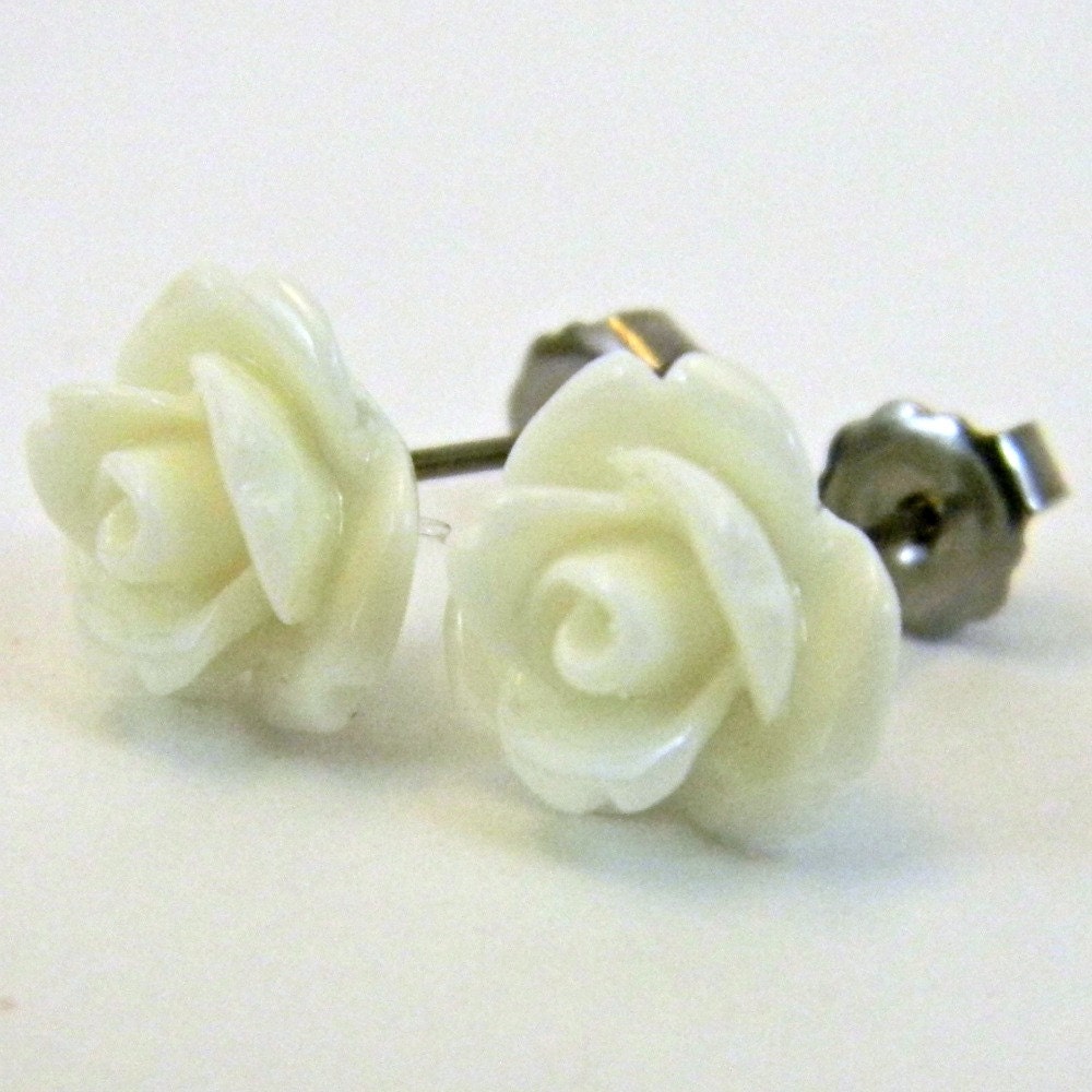 White Titanium Earrings 10mm Glossy Rose Cabochon Hypoallergenic Stud Earring Minimalist Jewelry