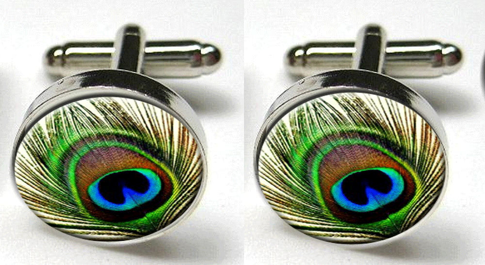 Peacock Feather Bird Silver Bezel CuffLinks Glass Round Trendy Wedding