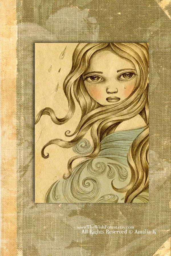 ACEO ATC Limited Edition (50 prints), Big Eyed Girl Illustration, Nymph, Fairy - Sow Your Light 2 by Amalia K
