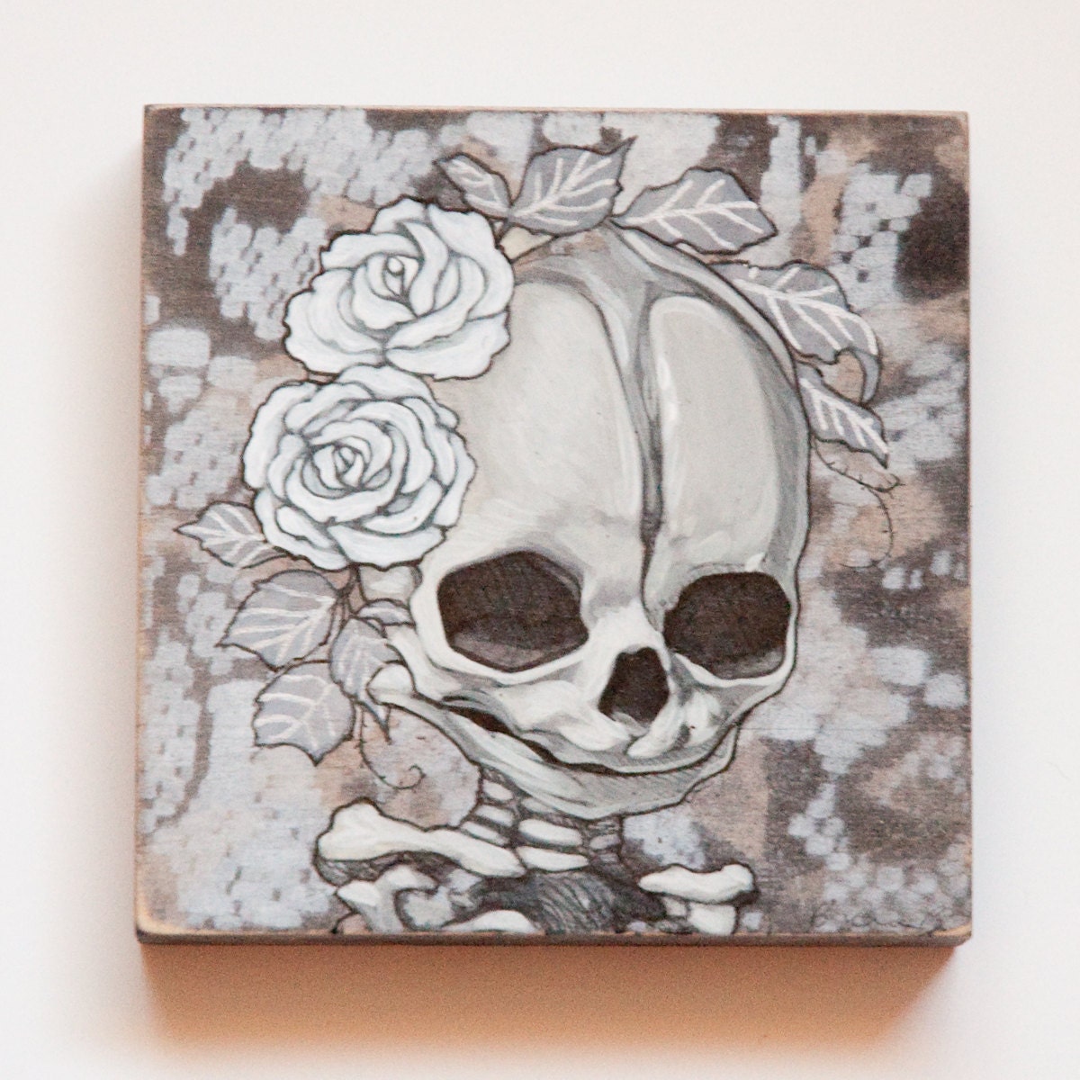 Mini Memento Mori  - Baby Skeleton with White Roses - original painting