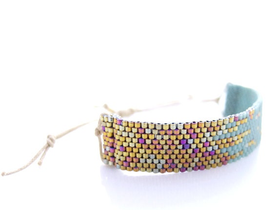 Mint Beaded Bracelet, Blue Stardust Bracelet, Adjustable Bracelet, Pixel Effect Bracelet, OOAK Handmade by JeannieRichard