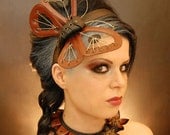 Steampunk inspired headband sculptured massive butterfly guitar strings leather wings cyber moth