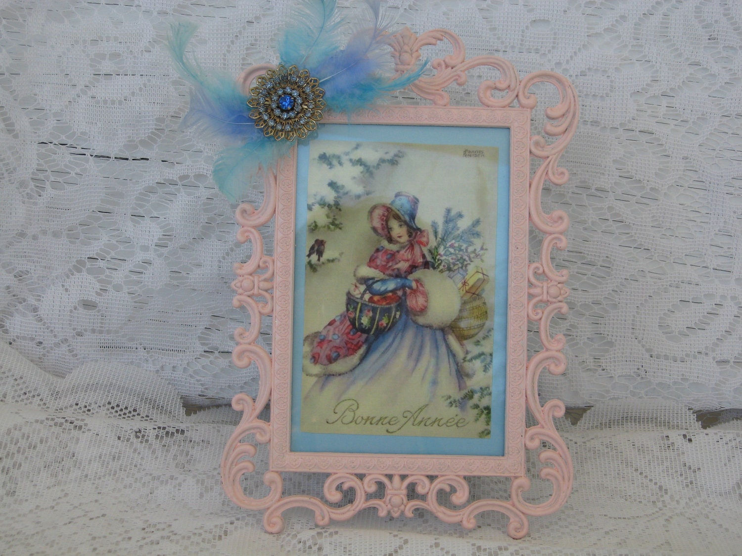 Framed Art,  French Lady, Pink And Baby Blue