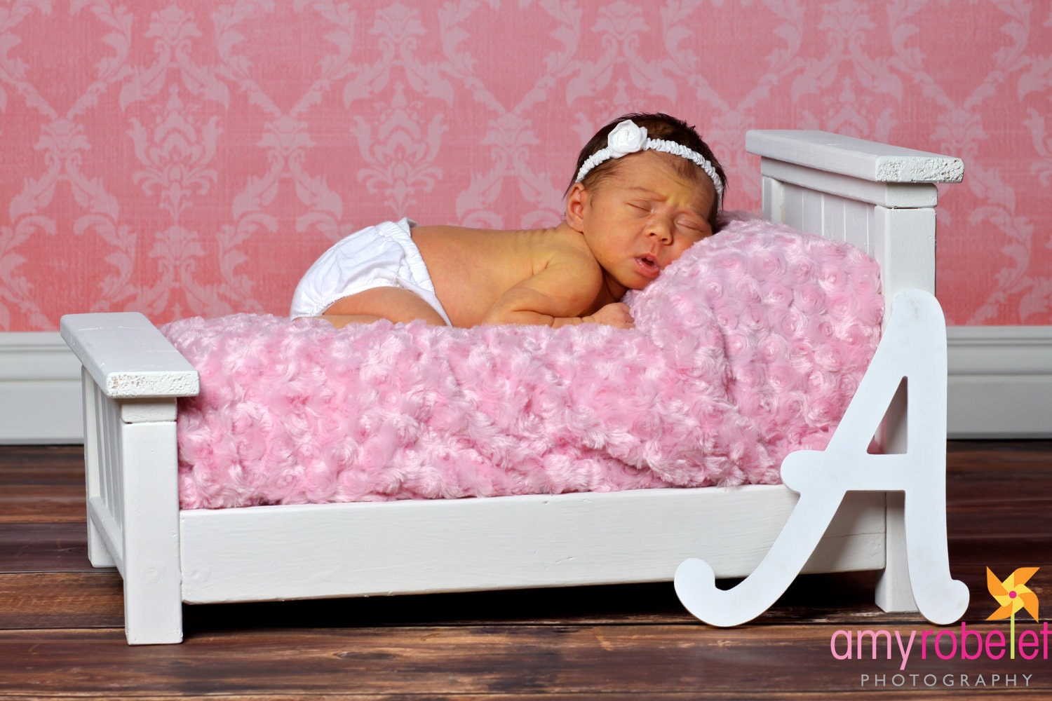 Newborn Photo Prop Crisp White Classic Doll Bed w/ Mattress Set