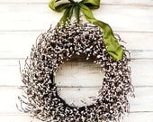 WHITE BERRY WREATH-Spring Door Wreath-Country Chic Decor-Rustic Home Decor-Scented Vanilla Cinnamon-Choose Scent & Ribbon Color