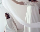 Vintage 60s White Frost Wedding Dress, Formal Bridal Maxi Dress Chemical Lace Empire Bodice