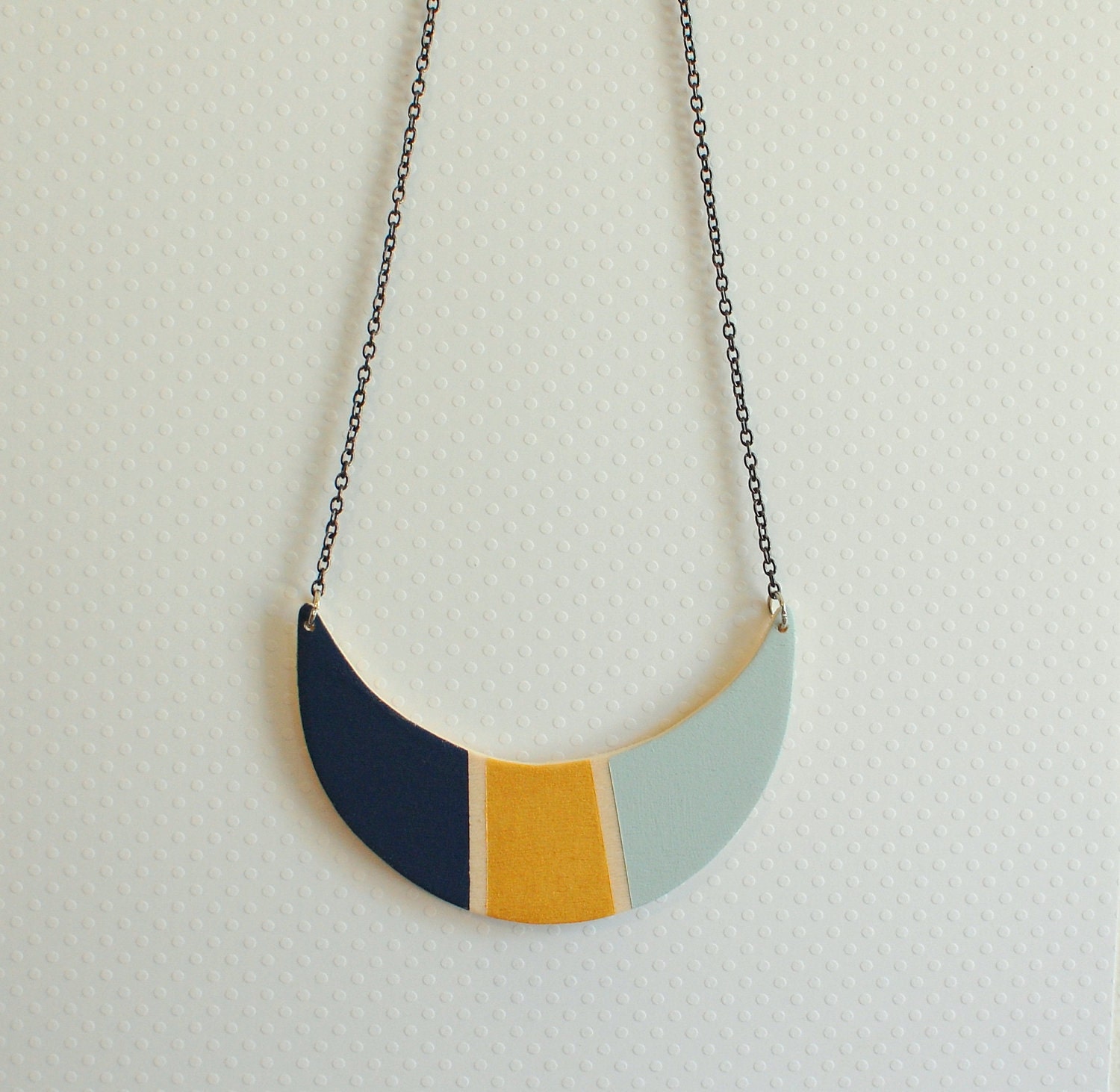 wood moon necklace - crescent moon necklace - color block - gold, navy blue, light blue - oxidized silver chain