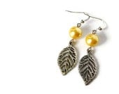 Yellow Earrings with Glass Pearls and Leaf Charm on Nickel Free Hooks. Yellow Beaded Earrings.