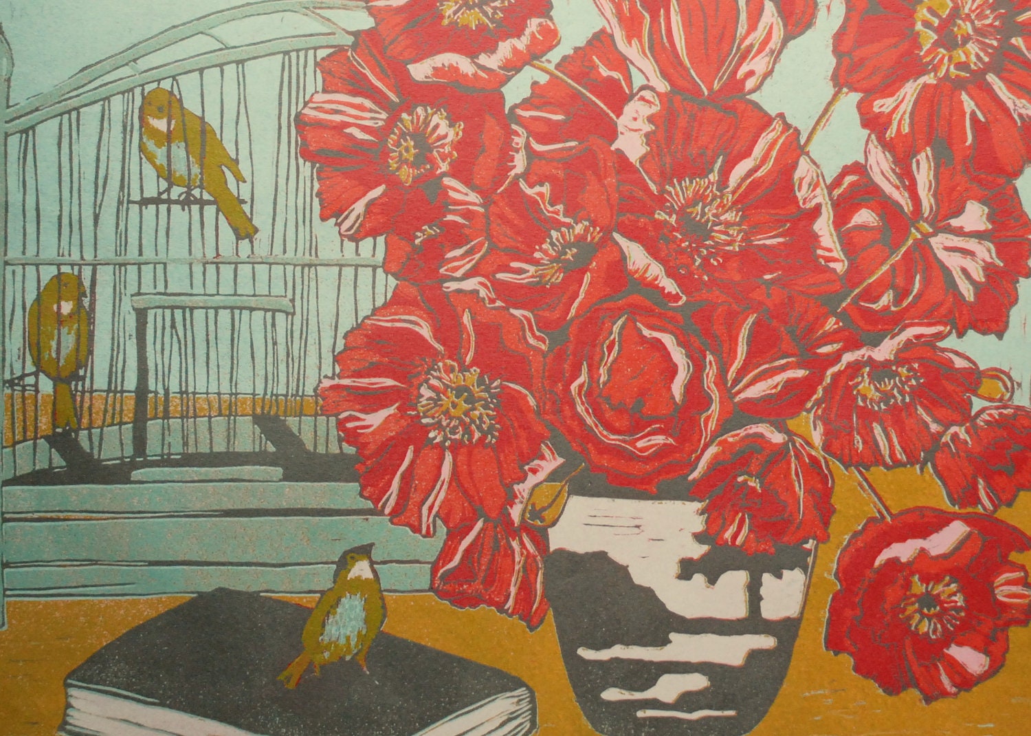 Poppies, First Flight   large relief linocut on pink mulberry