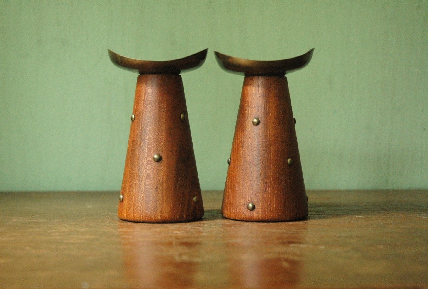 Danish Modern Teak And Brass Studded Candle Holder Pair - Mid Century Modern Wooden Candle Holders