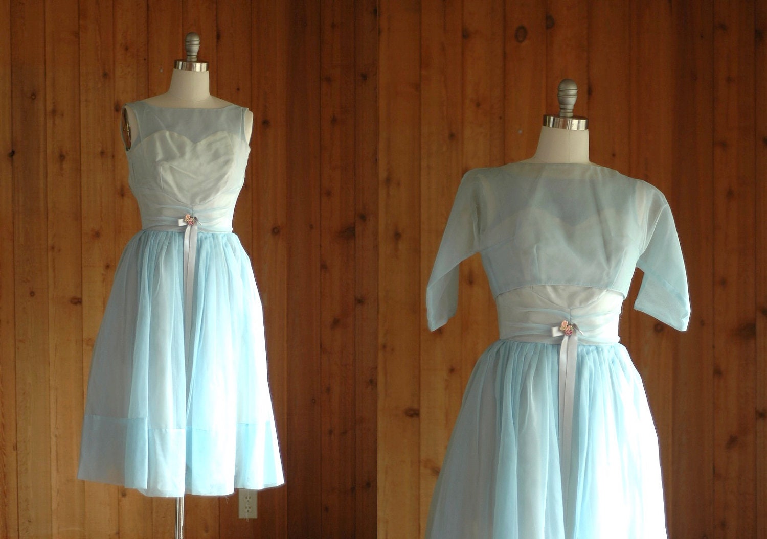 vintage 1950s party dress / 50s light blue chiffon dress / size xs small