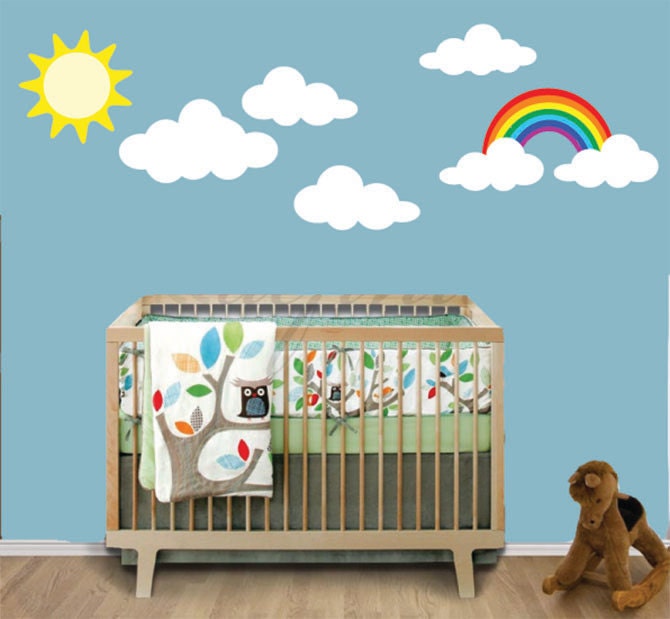 REUSABLE Clouds Sun Rainbow Wall Decal -  Childrens Sky Wall Decal - SK317