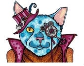 Steampunk Cat Art Print from my Original Illustration 8 x 10