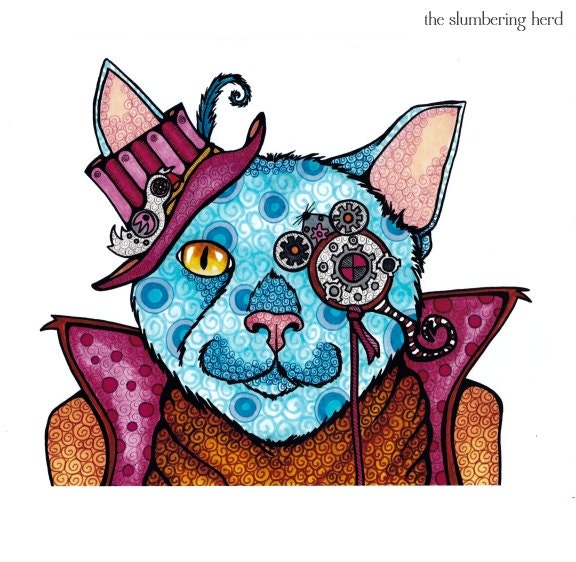 Steampunk Cat Art Print from my Original Illustration 8 x 10