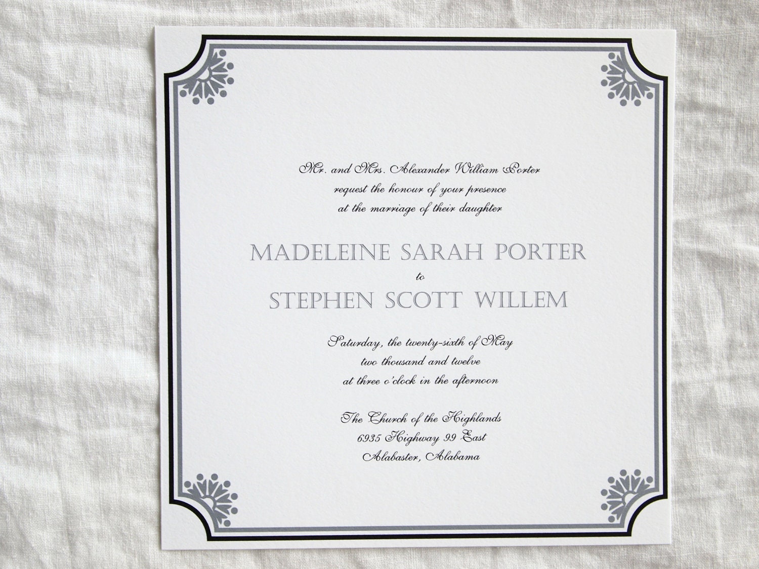 SAMPLE - Square Art Deco Border Wedding Invitations Suite - Gray and Black