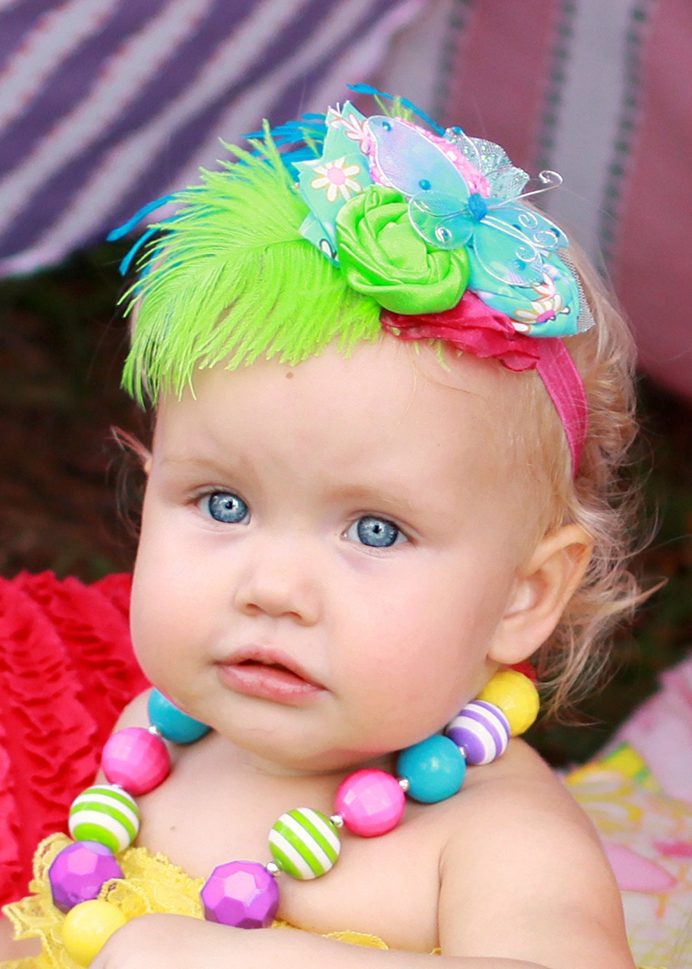 Butterfly Rosette Headband - Hot Pink, Lime green, and Teal - Rosette and Satin Flower Headband - Baby Girl - Photo Prop