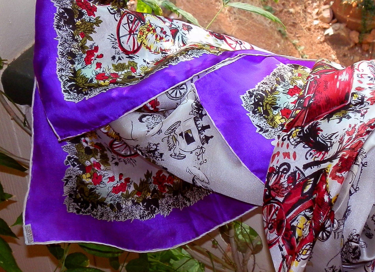 Vintage Pure Silk Scarf of White Red Black Purple and Green