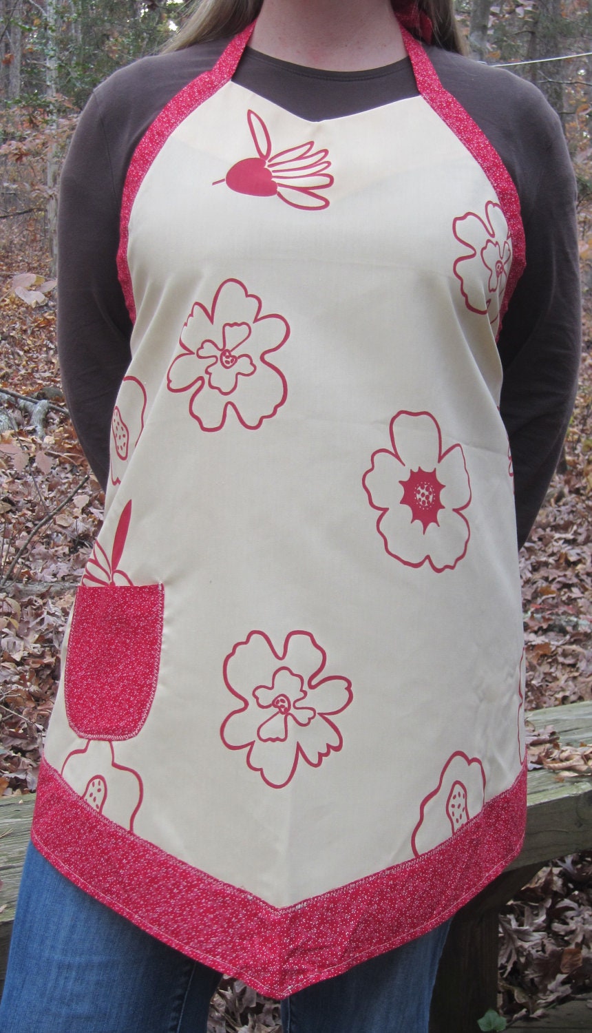 Vintage inspired Red Flower apron with pocket and ties