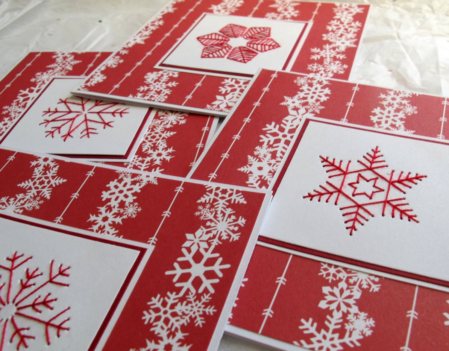 Red and White Embroidered Snowflake Card - SandrasCardShop