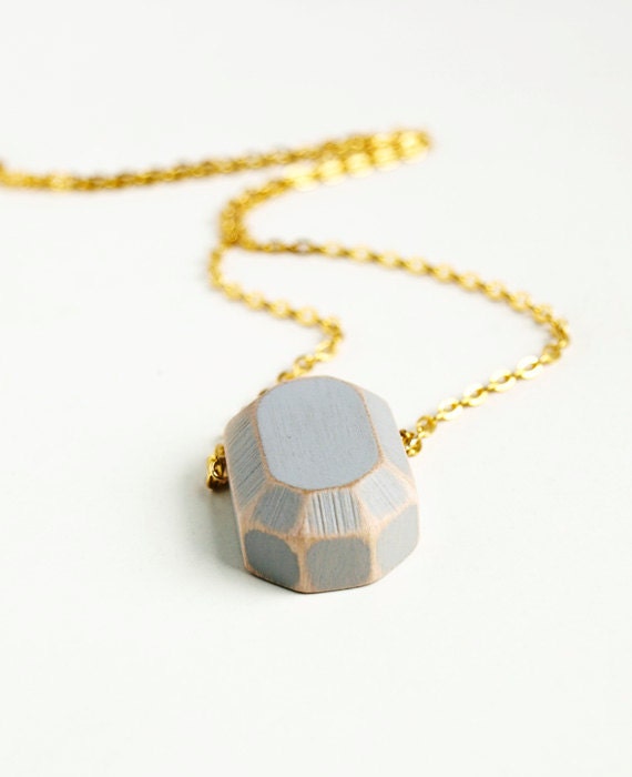 wood Diamond. geometric necklace. concrete grey faceted pendant on gold tone chain. Handcrafted wooden gemstone.